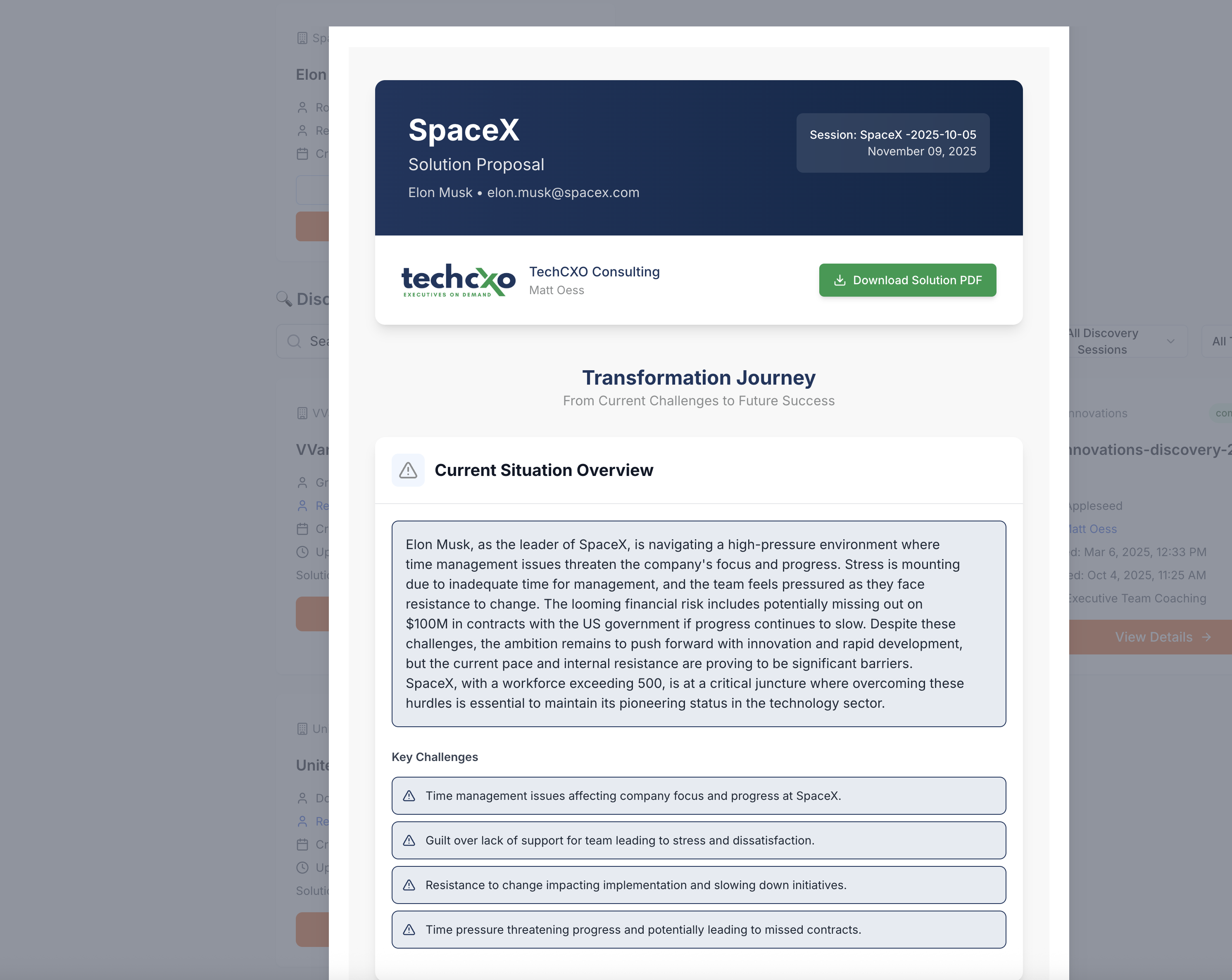 Solution Proposal generated showing transformation journey and current situation analysis